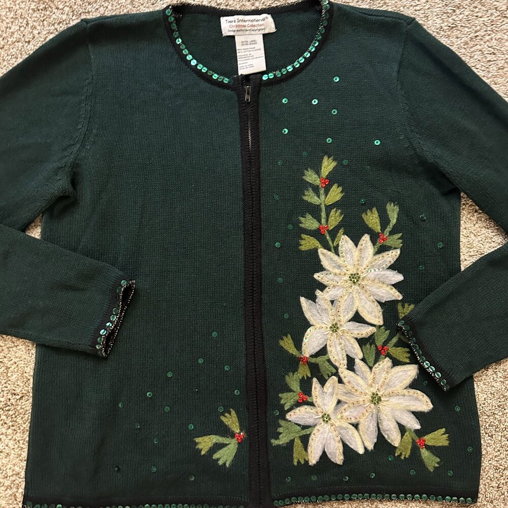 VTG Tiara International Christmas Collection sweater cardigan Poinsettia sz L